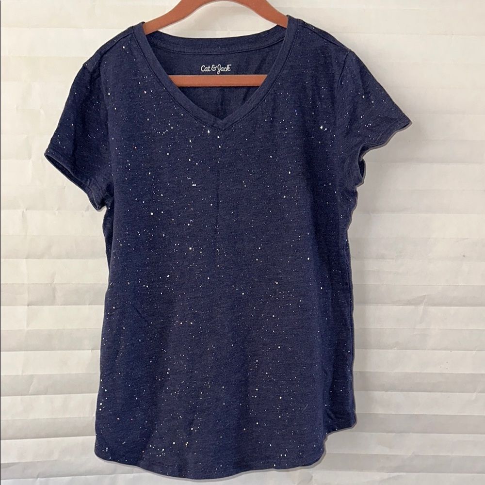 Cat & Jack Girl’s Dark Blue T-Shirt Silver Glitter Speckled Size 10/12